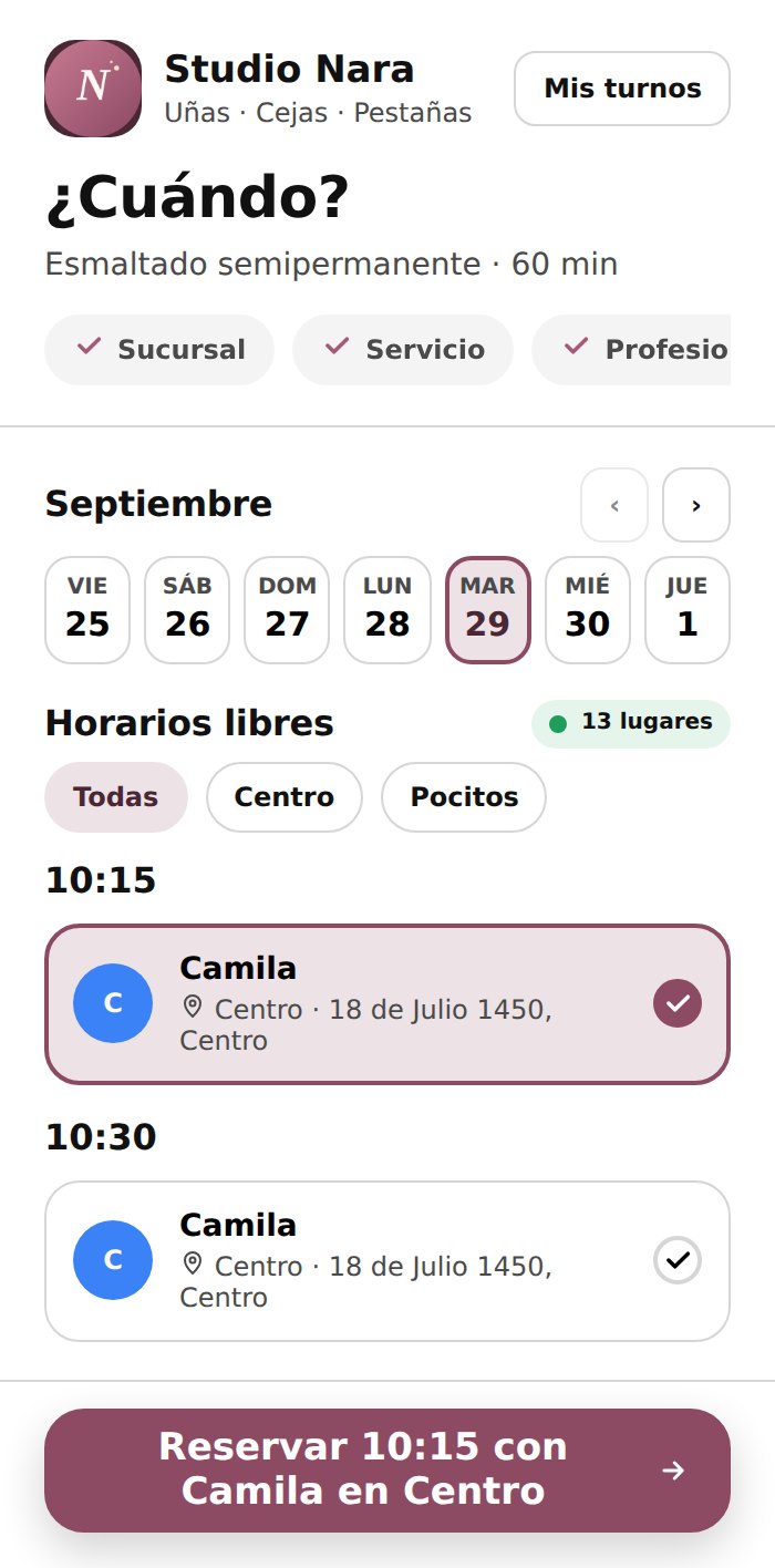 Cliente eligiendo día y hora: cada horario libre dice quién atiende y en qué sucursal