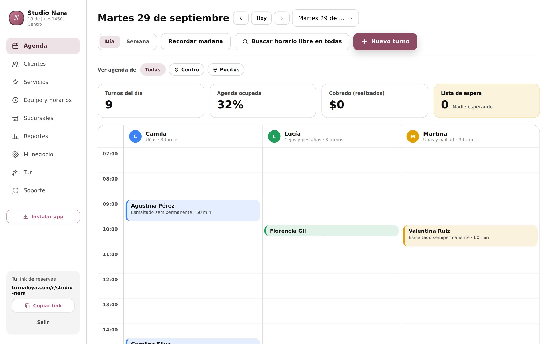 Panel del dueño con la agenda del día de Studio Nara, turnos por profesional y selector de sucursal
