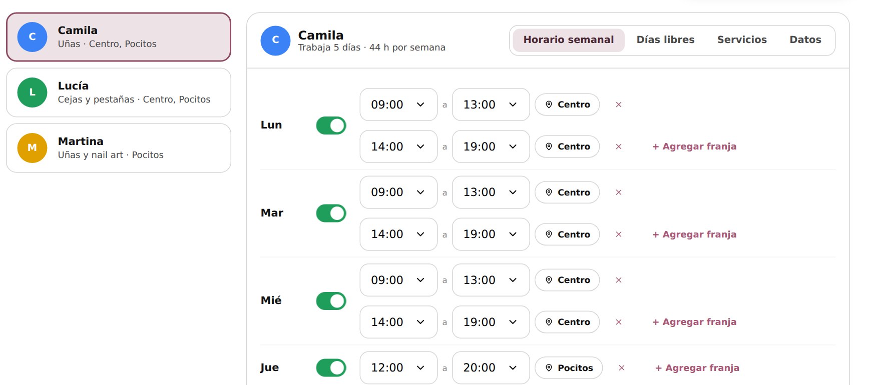 Horario de una profesional que atiende en Centro de lunes a viernes y los jueves en Pocitos